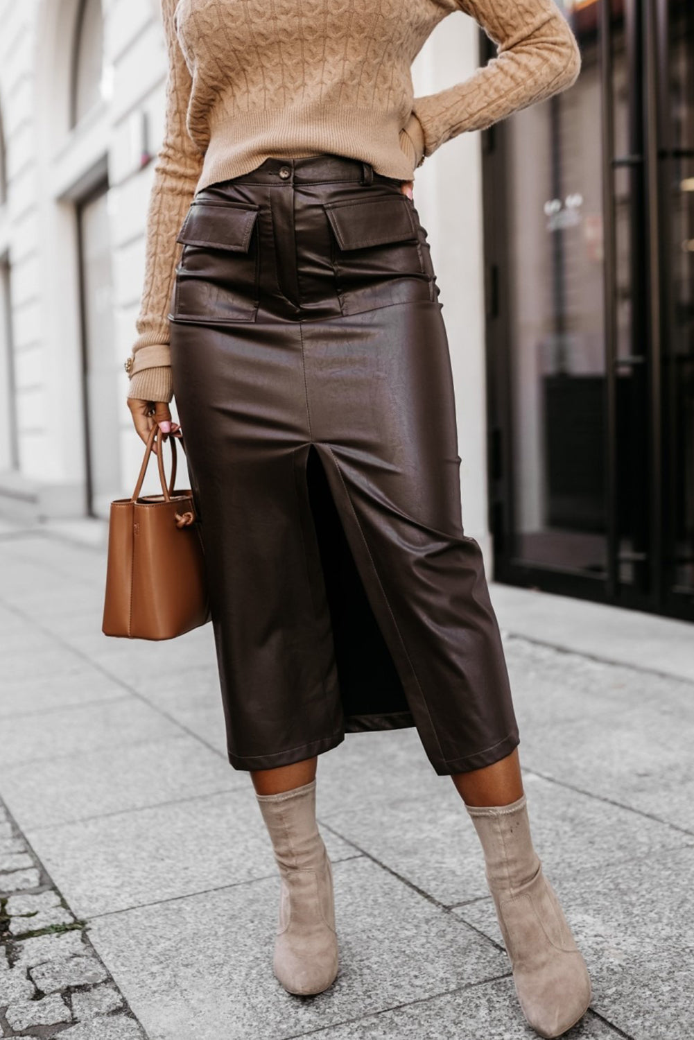 Chicory Coffee Faux Leather Flap Pocket Front Split Pencil High Waist Midi Skirt