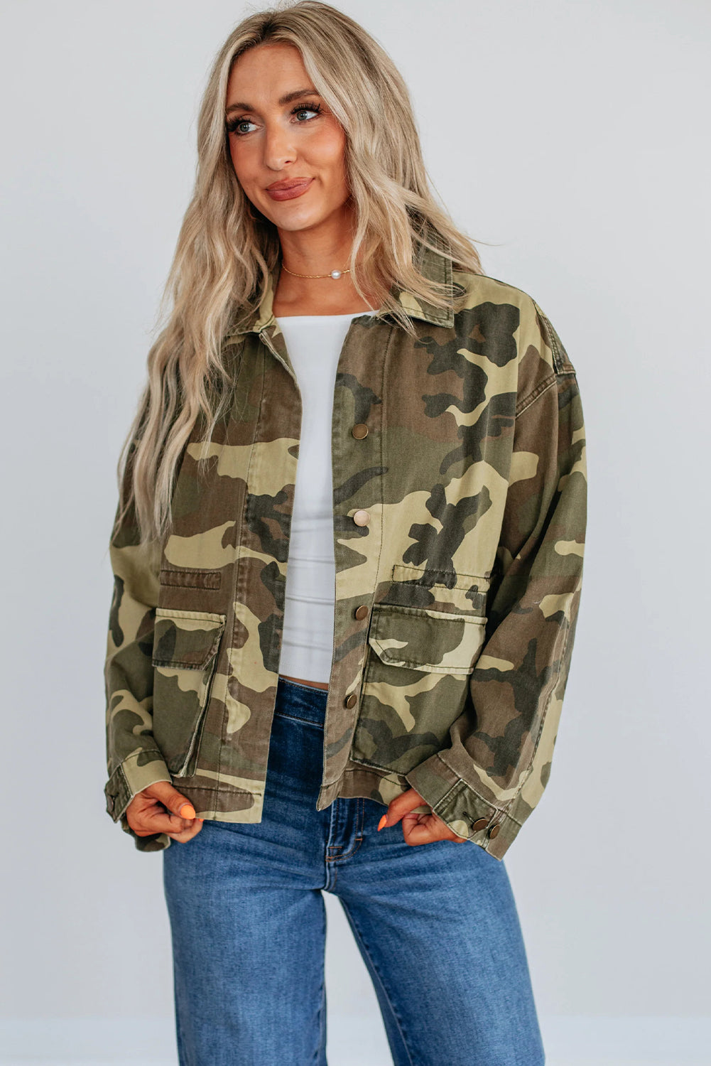 Green Retro Camouflage Print Flap Pocket Button Down Denim Jacket