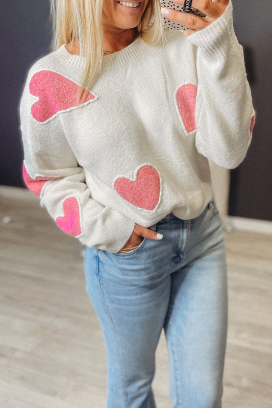 White Heart Patched Pattern Valentine Cropped Sweater