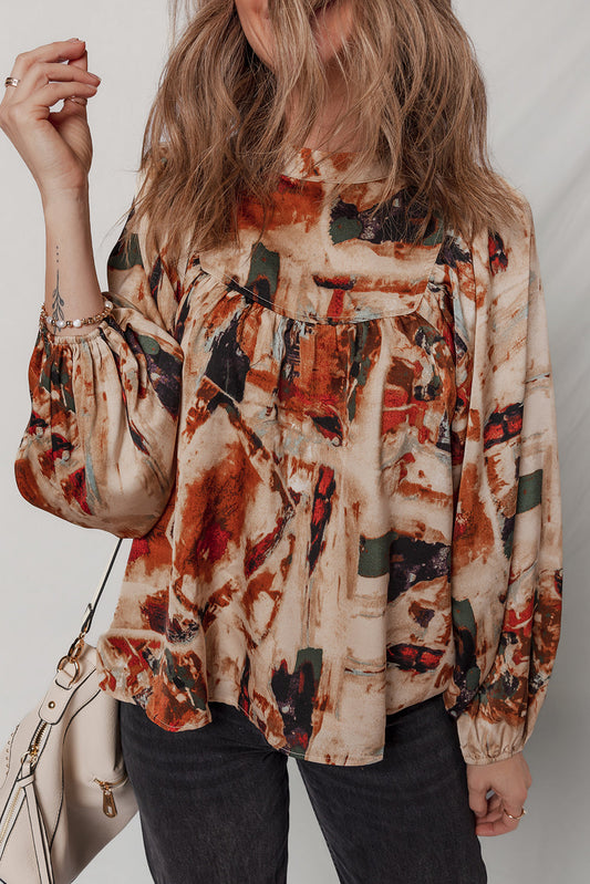 Multicolour Retro Abstract Print Zip Back Long Puff Sleeve Blouse