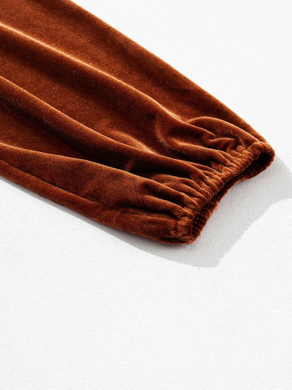 Golden Flare Lantern Sleeve Embellished Split V-Neck Velvet Blouse