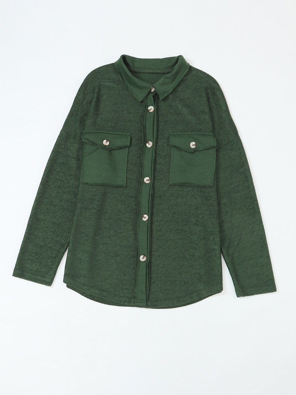 Green Knit Cotton Blend Casual Shacket with Chest Pockets