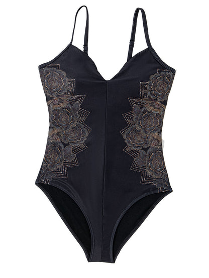 Elegant Black Floral Crisscross Back One-Piece Swimsuit