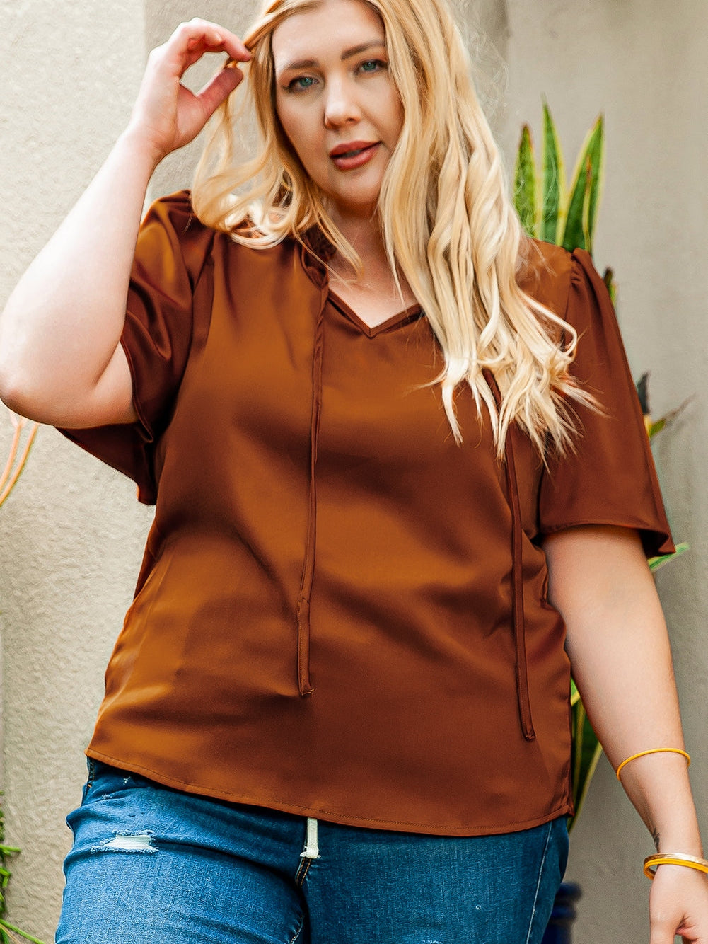 Chestnut Frilled Split Neck Plus Size Satin Blouse