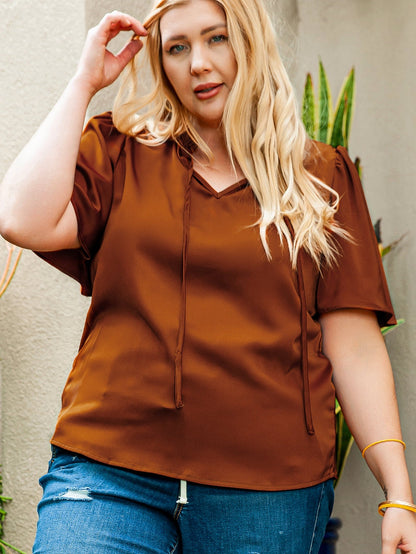 Chestnut Frilled Split Neck Plus Size Satin Blouse