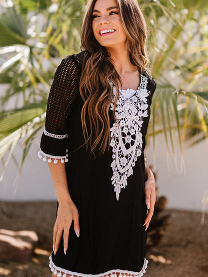 Beach Ready Black Crochet Pom Pom Trim Tunic Cover-Up