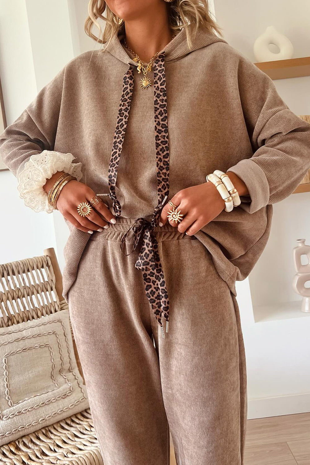 Dark Khaki Lace/Leopard Drawstring Pullover Hoodie and High Waist Pants Corduroy Suit