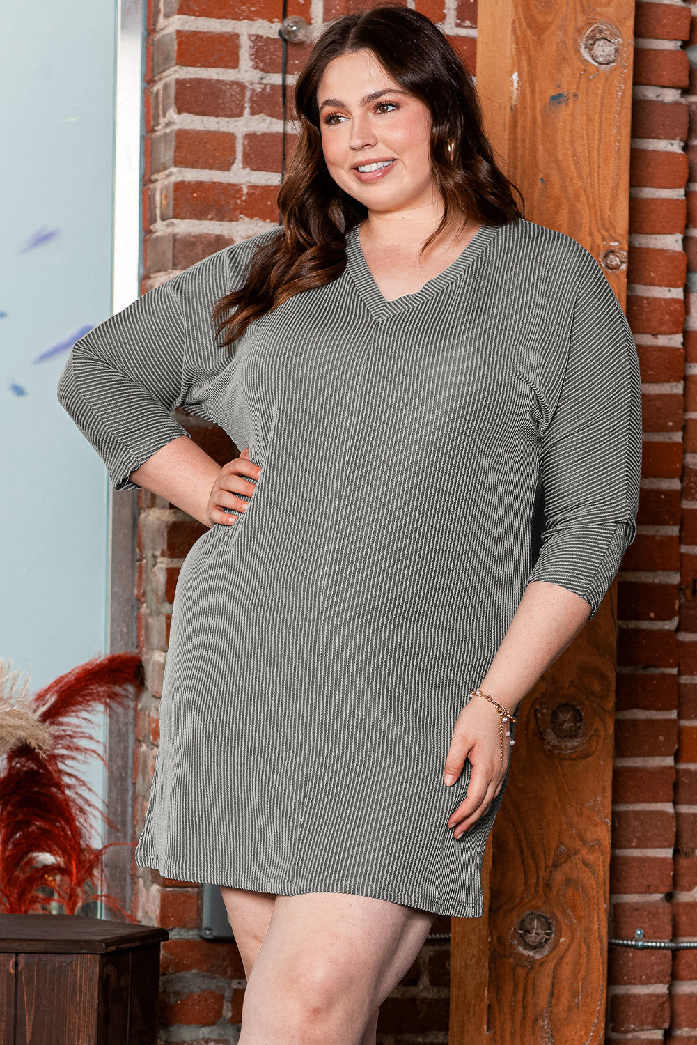 Philippine Gray Plus Size Corded V Neck Shift Dress