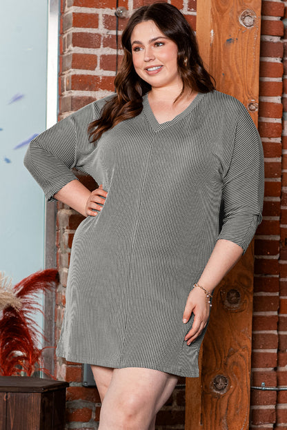 Philippine Gray Plus Size Corded V Neck Shift Dress