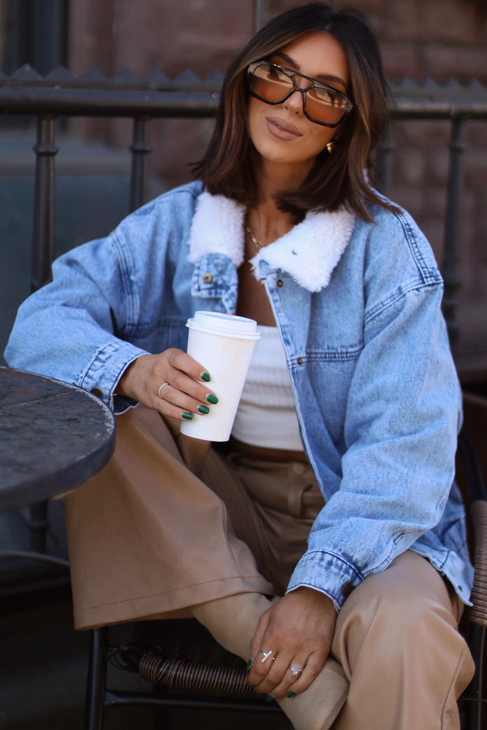 Sky Blue Sherpa Collar Durable Denim Jacket