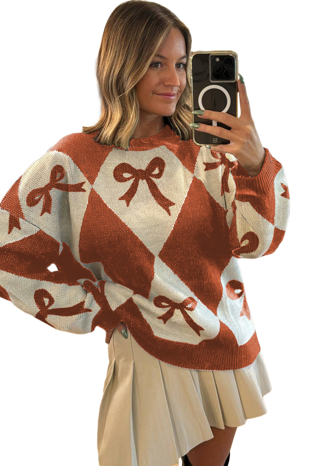 Orange Bow Print 2-tone Rhombus Knit Loose Sweater
