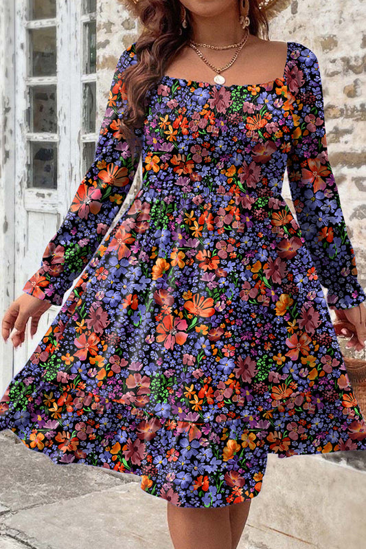 Black Plus Size Floral Print Square Neck Long Sleeve Flared Dress