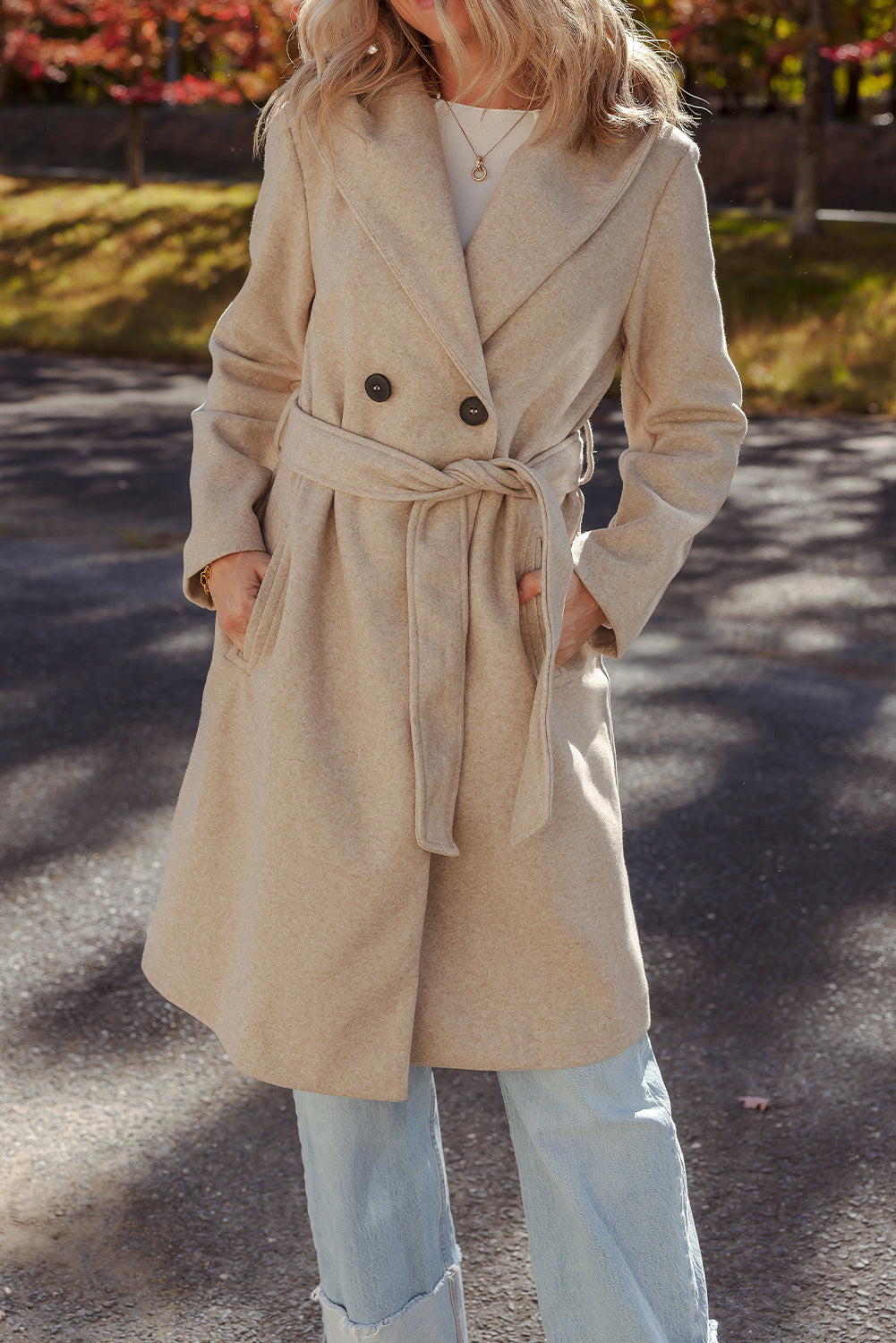 Oatmeal Lapel Collar Double Breasted Belted Overcoat