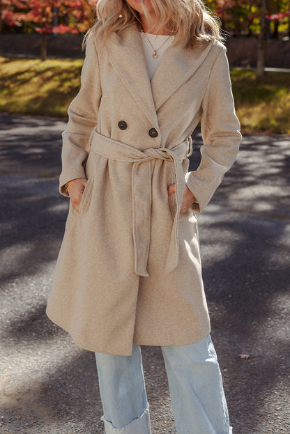 Oatmeal Lapel Collar Double Breasted Belted Overcoat
