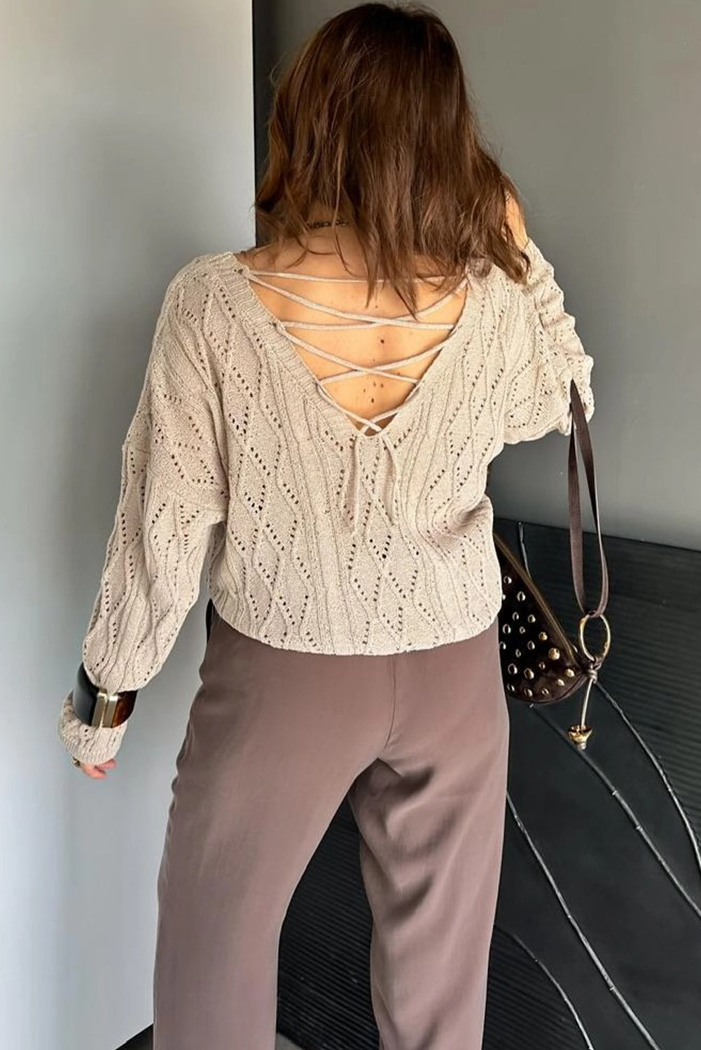 Parchment Geometric Textured Crisscross Lace up Knit V Neck Sweater