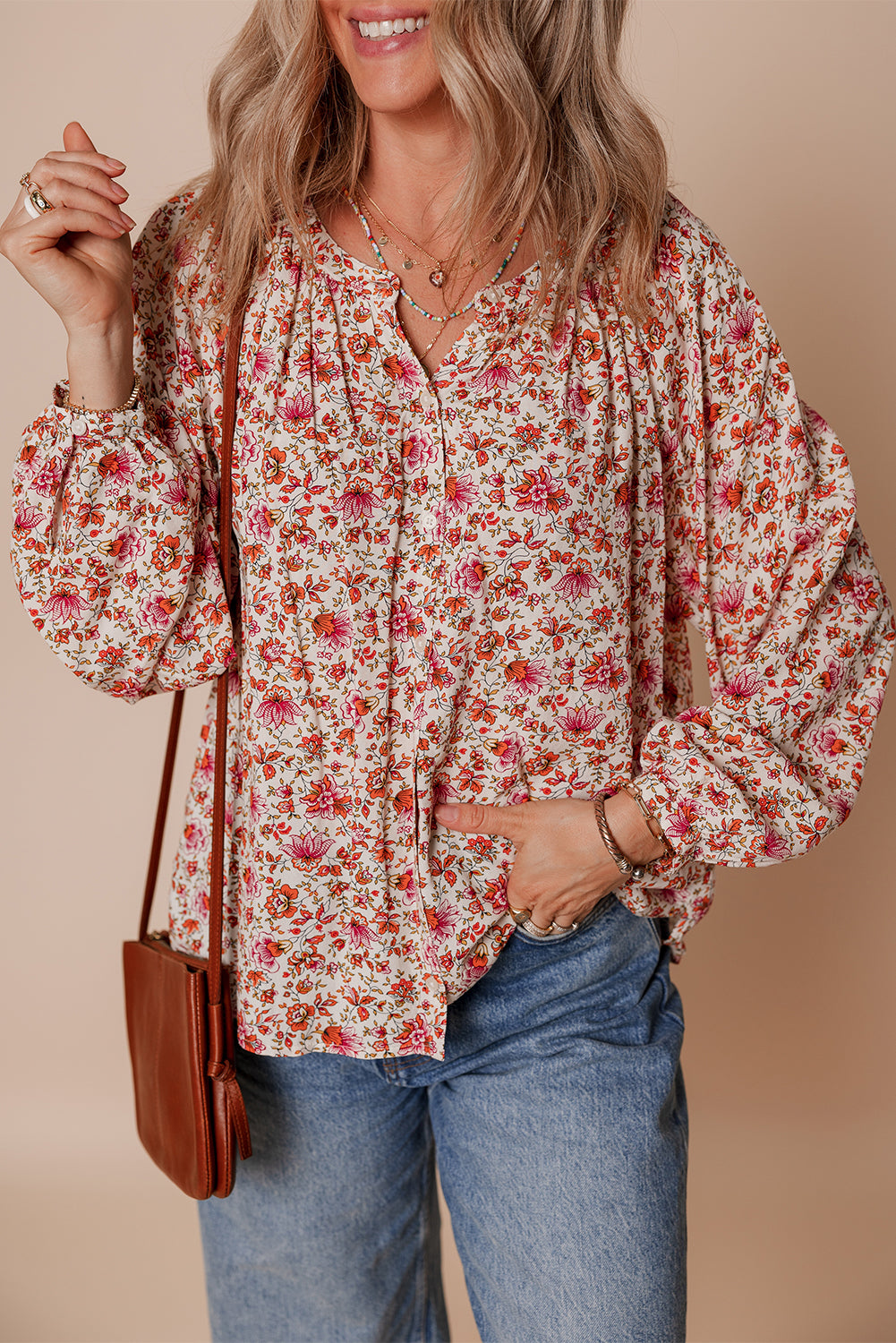 red floral blouse