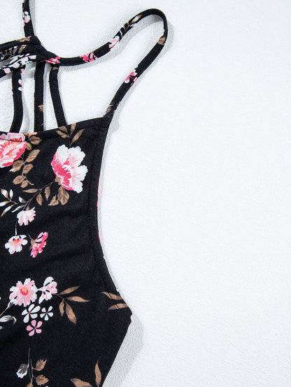 Floral Strappy Racerback Tank Top in Black Plus Size