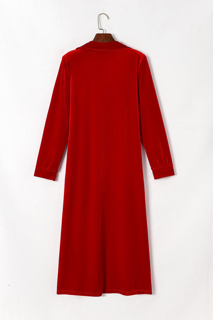 Fiery Crimson Velvet Open Front Long Duster with Pockets