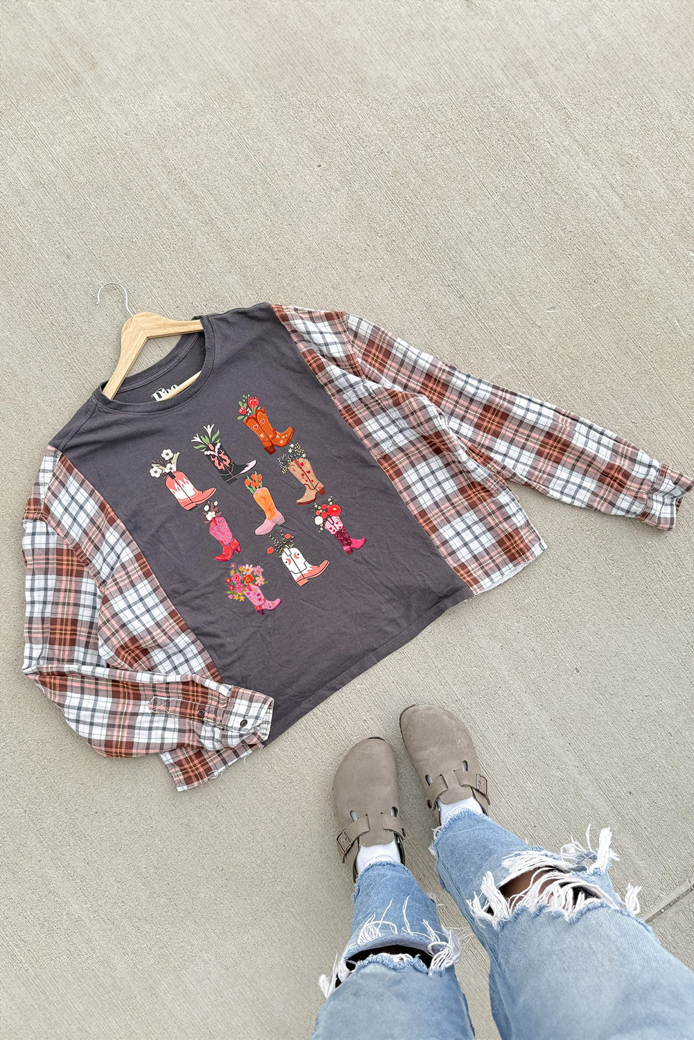 Carbon Grey Cowgirl Flower Boots Printed Plaid Long Sleeve Patchwork Top