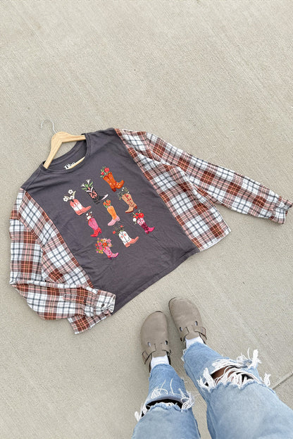 Carbon Grey Cowgirl Flower Boots Printed Plaid Long Sleeve Patchwork Top