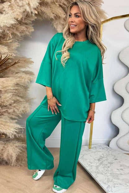 Sea Green 3/4 Sleeve Loose Top Drawstring Wide Leg Pant Set
