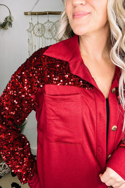 Racing Red Stunning Sequin Patchwork Double Chest Pocket Button Down Shacket