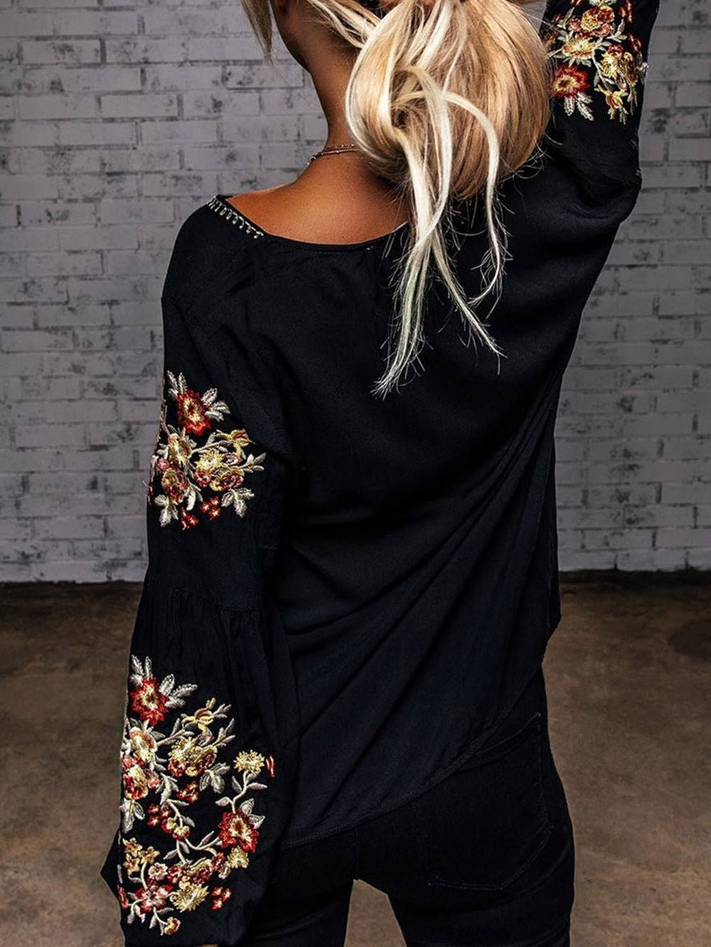 Elegant Floral Embroidered Black Top