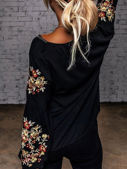 Elegant Floral Embroidered Black Top