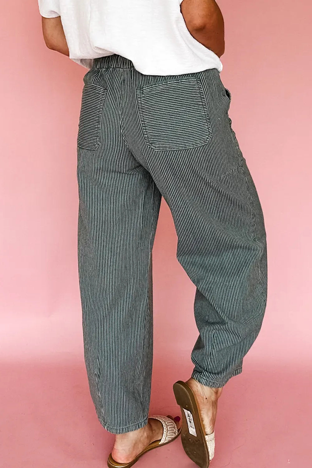 Black Stripe Ankle-length Drawstring Casual Pants