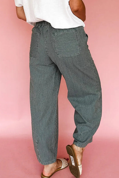 Black Stripe Ankle-length Drawstring Casual Pants