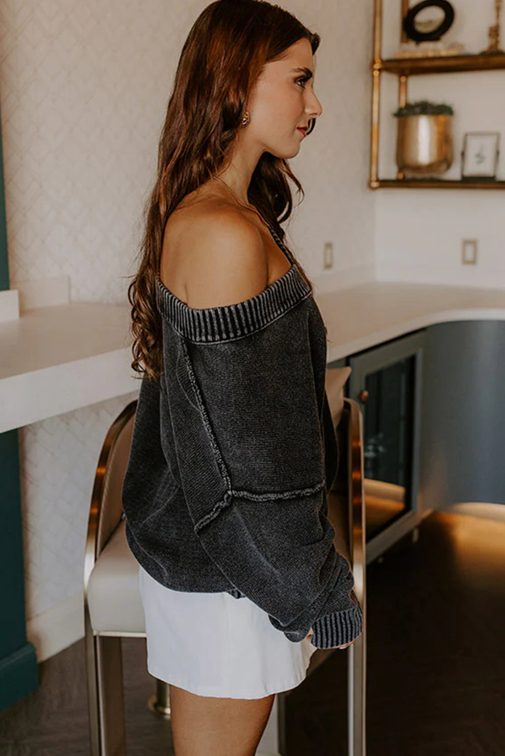 Black Mineral Wash V Neck Knit Exposed Seam Drop Shoulder Loose Sweater