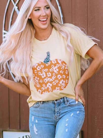 Floral Pumpkin Print Khaki Graphic Tee
