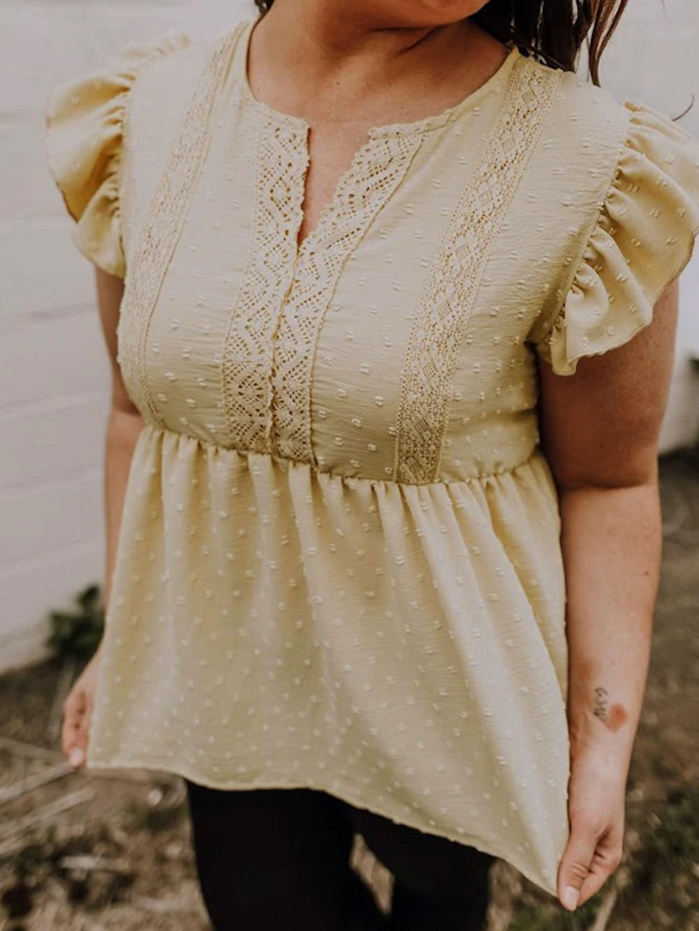 Golden Fleece Plus Size Swiss Dot Lace Trim Split Neck Babydoll Top