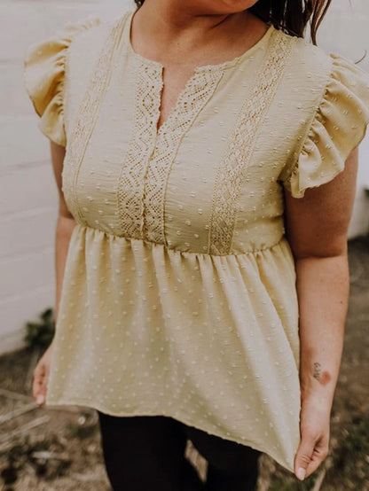 Golden Fleece Plus Size Swiss Dot Lace Trim Split Neck Babydoll Top