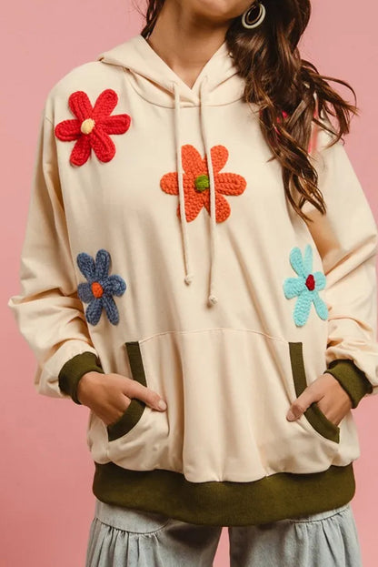 Beige Flower Patched Contrast Trim Pullover Hoodie