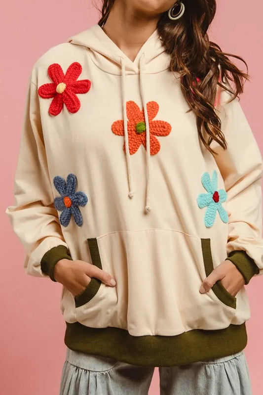 Beige Flower Patched Contrast Trim Pullover Hoodie