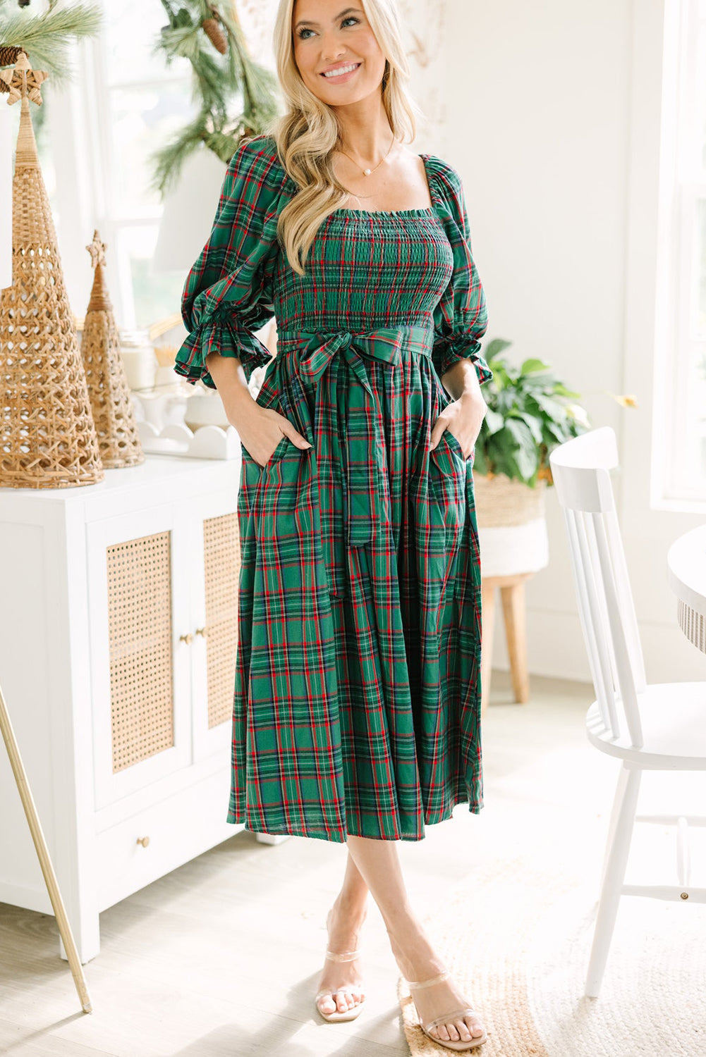 Green Tartan Plaid Square Neck Puff Sleeve Knot Waist Flared Midi Dress