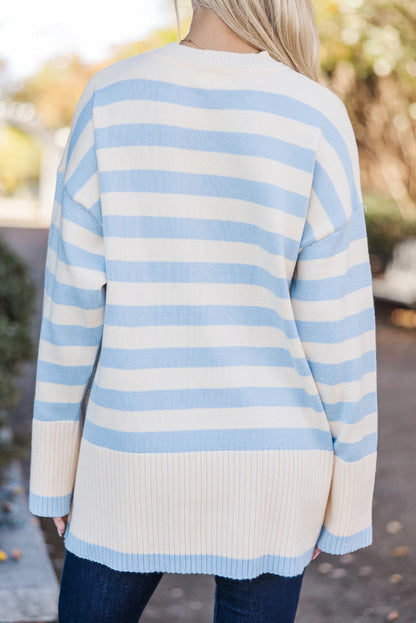 Sky Blue Stripe Ribbed Buttoned Detail Drop Shoulder Tunic Sweater