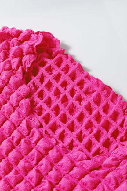 Strawberry Pink Bubble Textured Square Neck Plus Size Top with Short Sleeves
