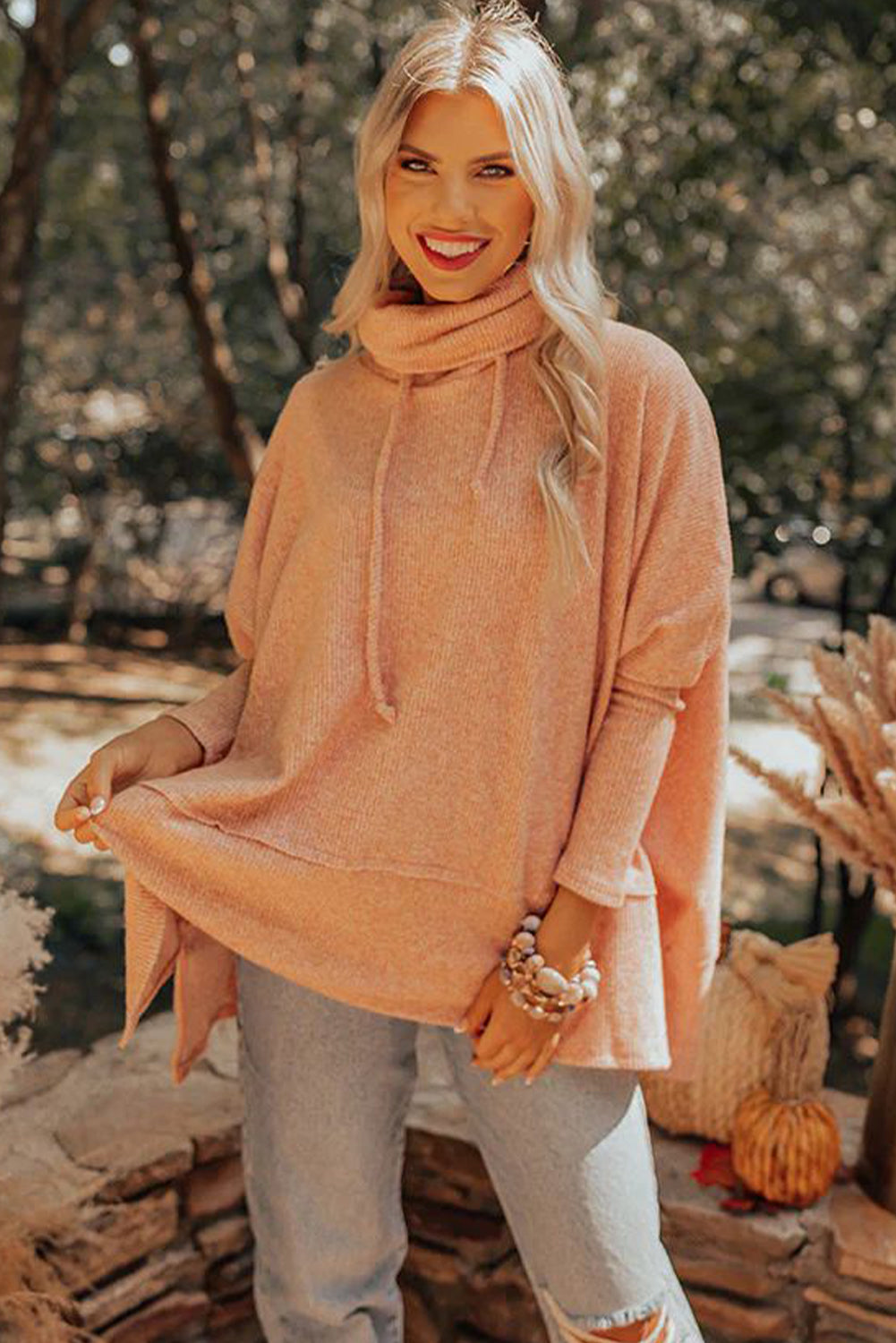 Apricot Pink Textured Knit Drawstring Cowl Neck Oversize Top with Side Slits