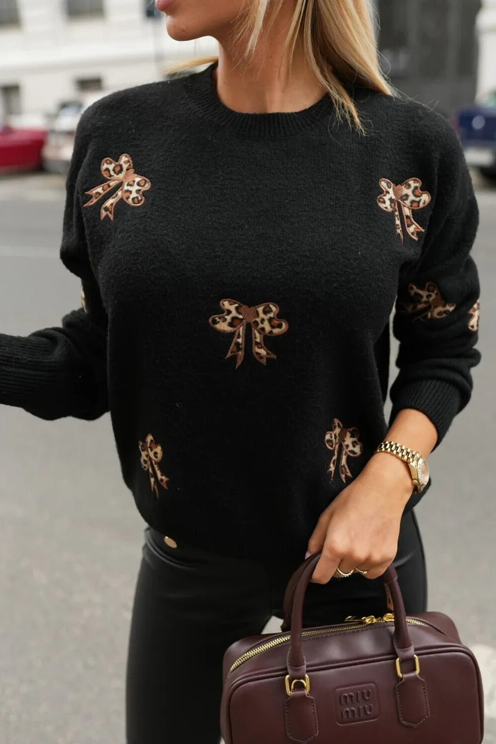 Black Leopard Bow Embroidered Drop Shoulder Sweater