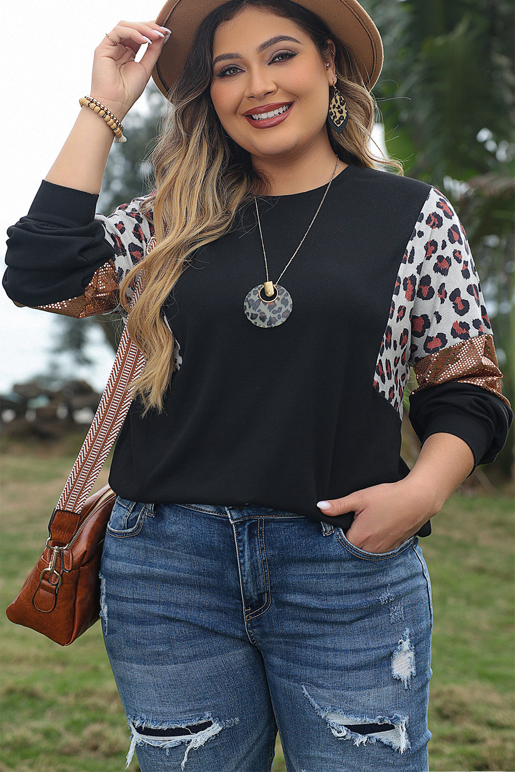 Leopard Print Sequin Embellished Plus Size Top with Long Sleeves