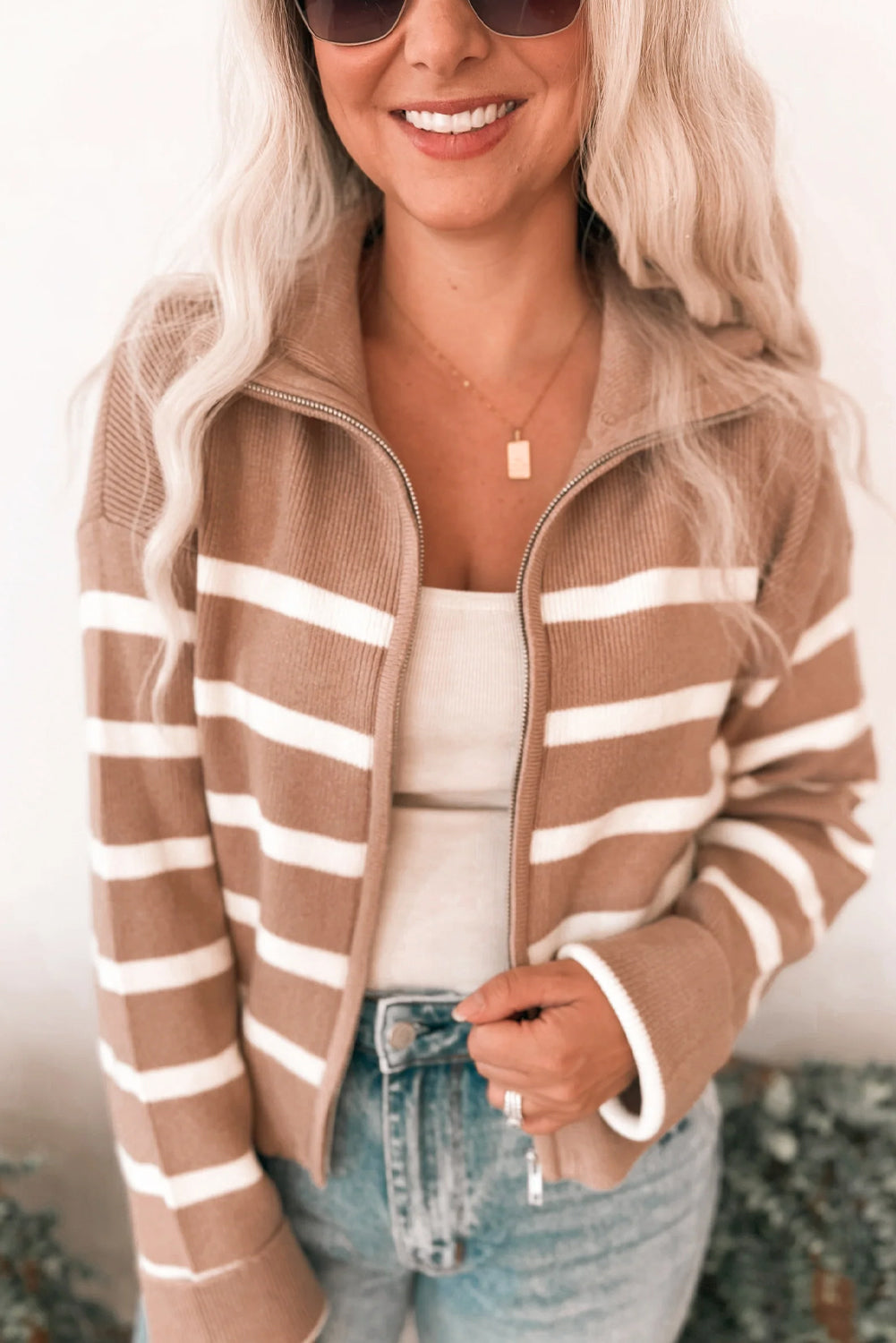Khaki Stripe Ribbed Knit Zip Up Drop Shoulder Sweater Cardigan