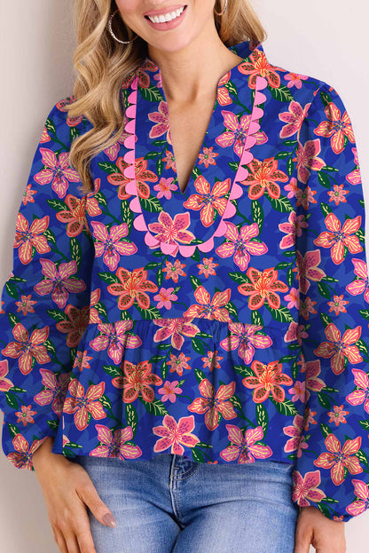 Dark Blue Floral Ricrac Trim Puff Sleeve Peplum Top