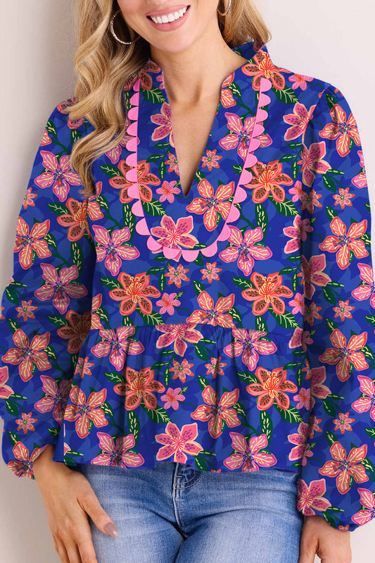 Dark Blue Floral Ricrac Trim Puff Sleeve Peplum Top