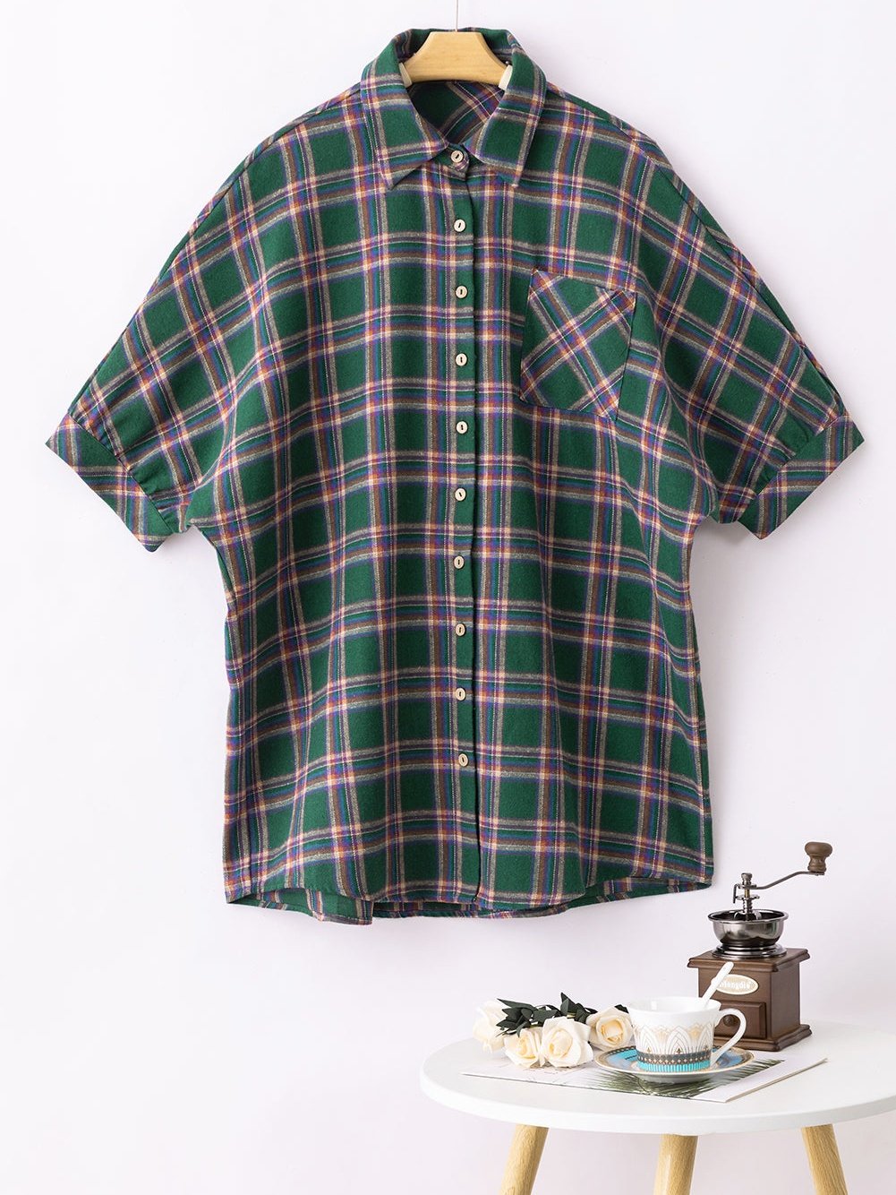 Green Plaid Oversized Tunic Shirt with Half Sleeves