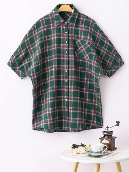 Green Plaid Oversized Tunic Shirt with Half Sleeves