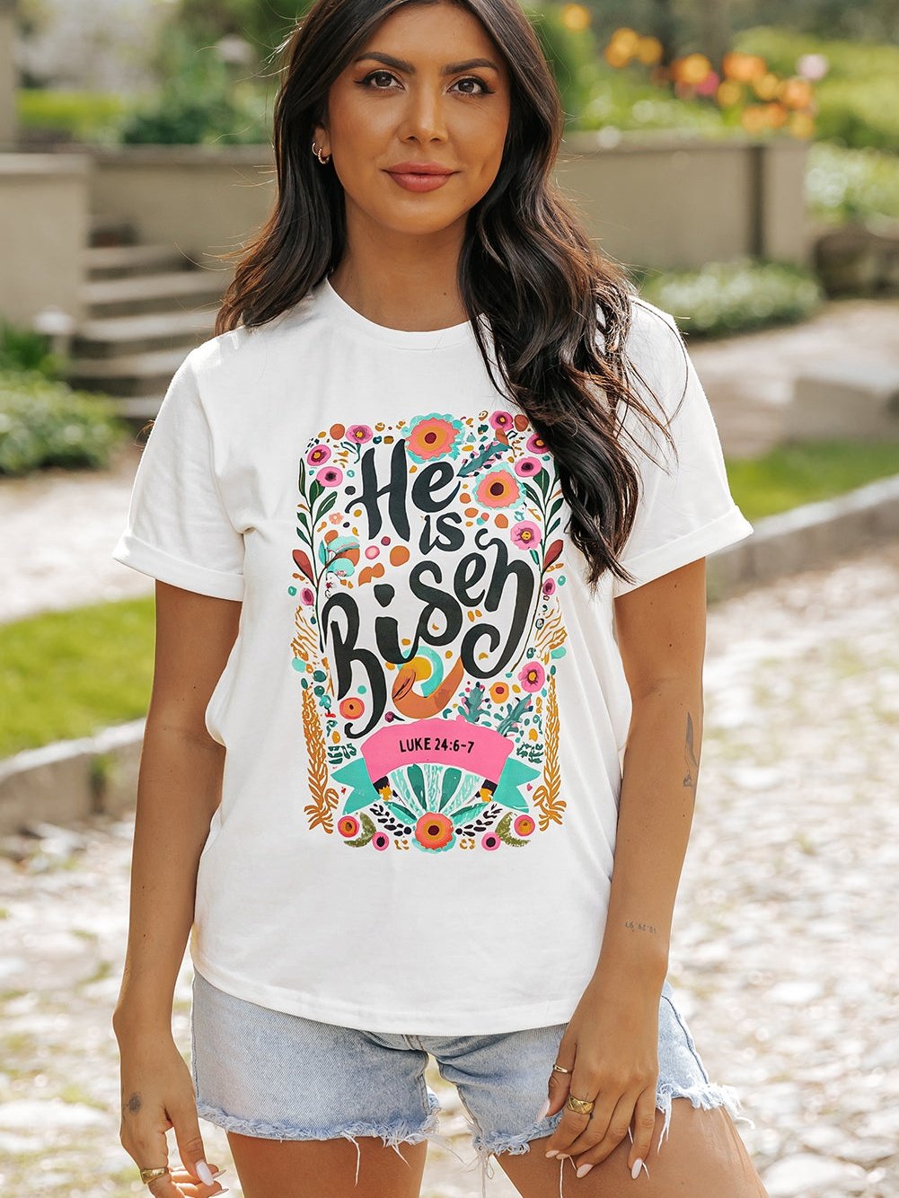He Has Risen White Floral Round Neck Tee