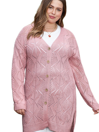 Pink Open Knit Button-Up Cardigan for Plus Size Women