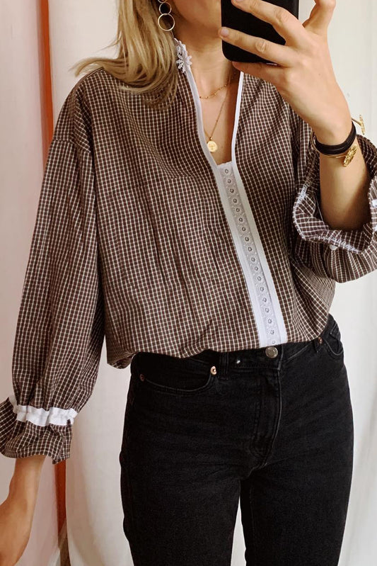 Brown Contrast Lace Collar Ruffled Sleeve Plaid Blouse
